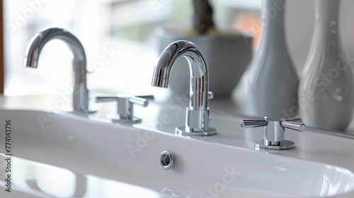 Ideal classic faucet design  a close-up on a high-quality  three-hole basin tap  demonstrating timeless elegance in a modern setting