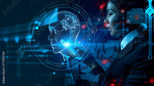 artificial intelligence concept, businesswomen using digital smartphone, analysis digital 3d human face, business data, human face, brain power, blue background, coding data, generative ai