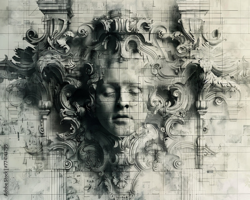Blueprints for an aweinspiring yet morally questionable structure Demonic imagery subtly woven into architectural details with the clients face obscured
