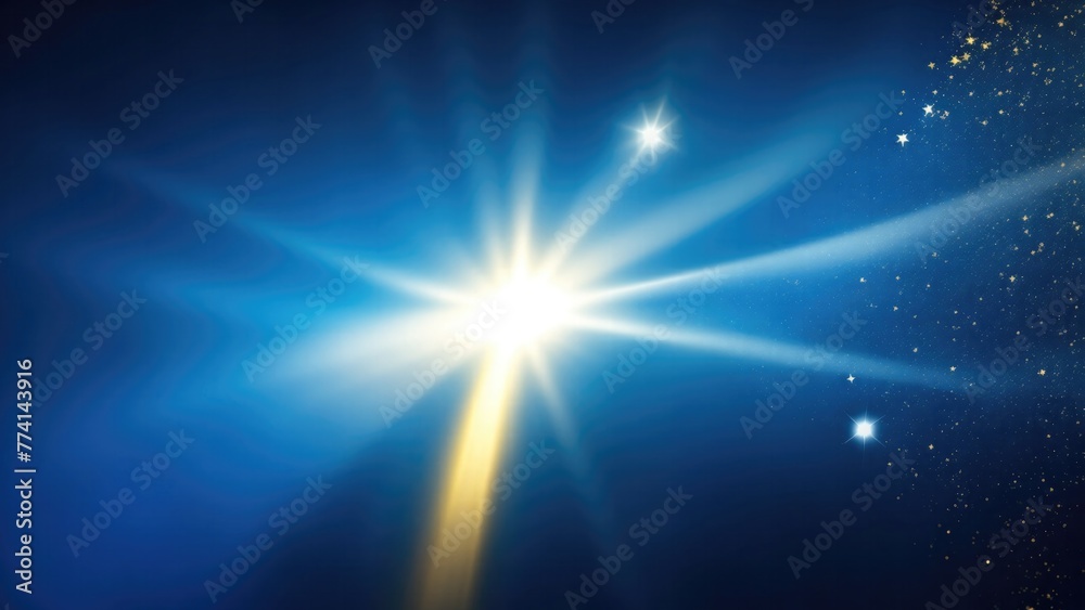 Asymmetric Blue light burst, rays of lights on dark Maroon background with the color of yellow, golden sparkling and bokeh