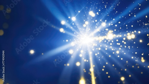 Asymmetric Blue light burst, rays of lights on dark Maroon background with the color of yellow, golden sparkling and bokeh