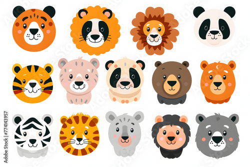 A collection of animal faces, including a bear, a deer, and a rabbit. The faces are all smiling and appear to be cute and friendly. Generative AI