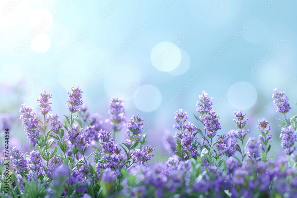 Lavender,blue sky,sunny,white clouds floating,creating a fresh spring atmosphere. Lavender,blue sky,sunny,white clouds floating,creating a fresh spring atmosphere.