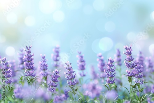 Lavender,blue sky,sunny,white clouds floating,creating a fresh spring atmosphere.