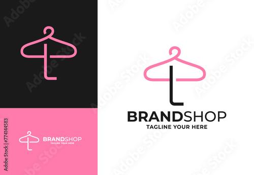 Clothes hanger for L initial logo vector, Minimalist boutique logo design illustration. Initial capital letter L elegant hanger icon