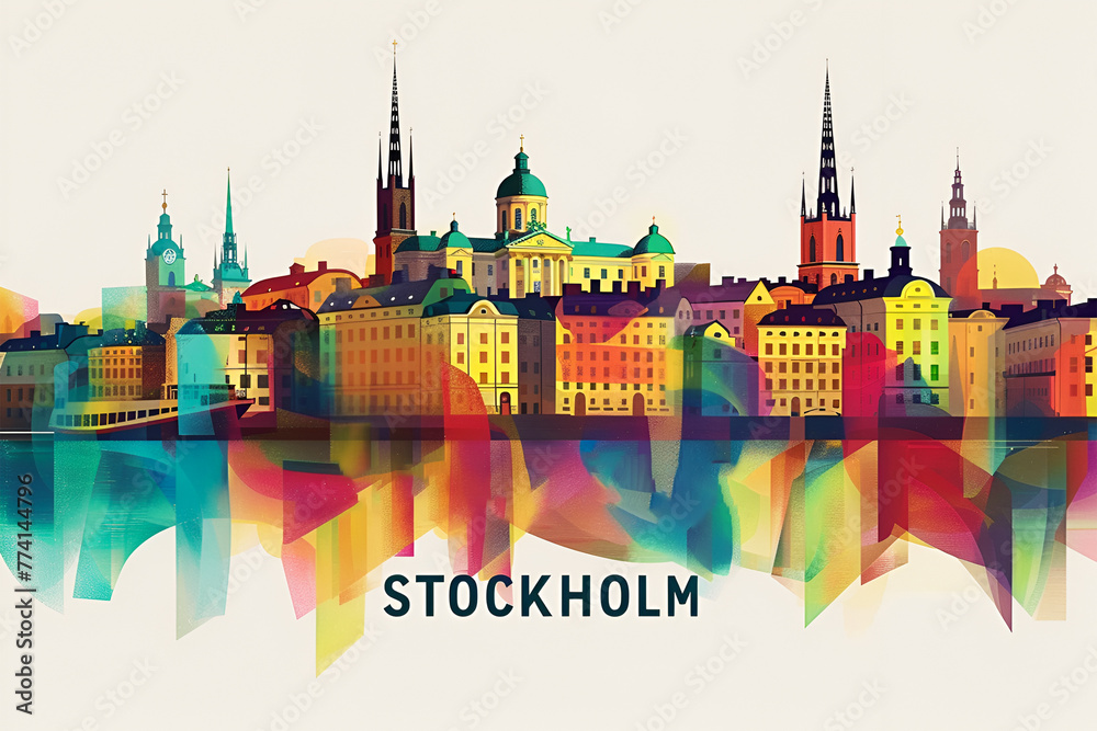 Abstract colourful travel poster city skyline Stockholm, Sweden. Digital art painting illustration