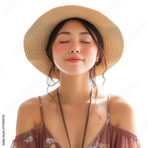 Close-up of a Pretty Young Japanese Woman in Boho-Chic Maxi Dress and Sun Hat, exuding carefree charm with a relaxed pose photo on white isolated background