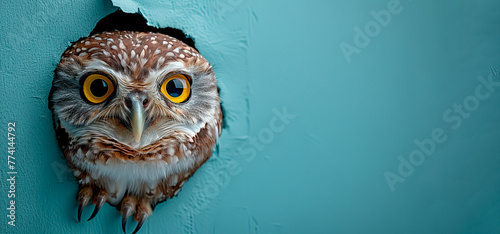 Banner with owl head peeking through a hole in a blue paper wall.