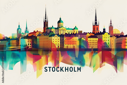 Abstract colourful travel poster city skyline Stockholm, Sweden. Digital art painting illustration