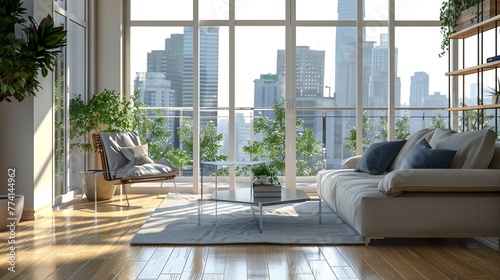 Modern Apartment Condominium: Living Room and Balcony Terrace