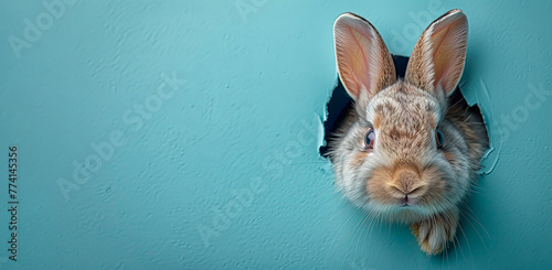 Banner with rabbit head peeking through a hole in a blue paper wall.