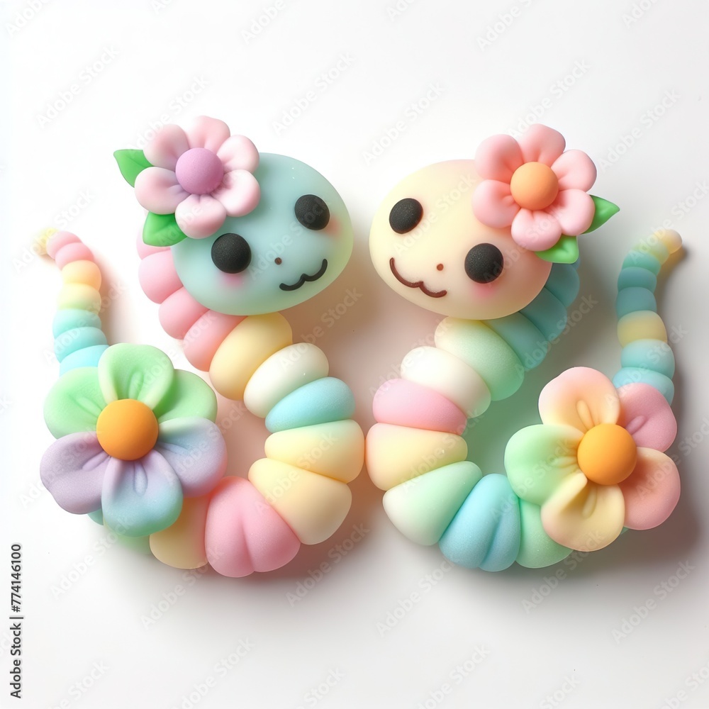 a cute couple Snake with flowers made of pastel color rainbow gummy candy on a white background a cute couple Snake with flowers made of pastel color rainbow gummy candy on a white background