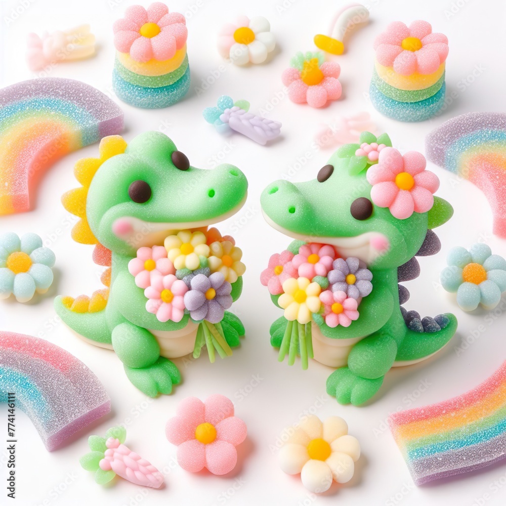 a cute couple Alligator with flowers made of pastel color rainbow gummy candy on a white background