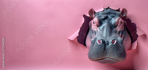 Banner with hippopotamus head peeking through a hole in a pink paper wall.