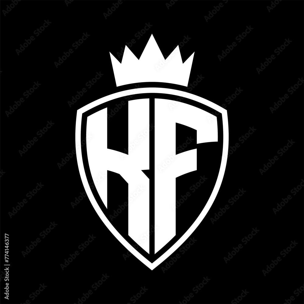 KF Letter monogram shield and crown outline shape with black and white ...