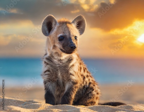 hiena bonito do bebê sentado na praia de areia ao pôr do sol photo
