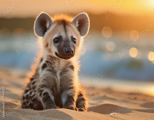 hiena bonito do bebê sentado na praia de areia ao pôr do sol photo