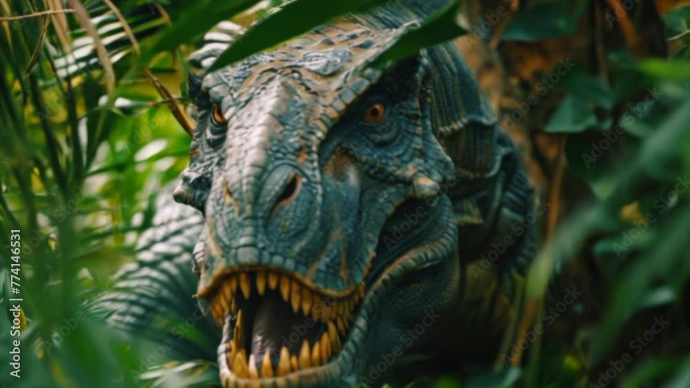Generative ai on theme of a big scary hungry dinosaur with kind eyes and sharp teeth destroying park Generative ai on theme of a big scary hungry dinosaur with kind eyes and sharp teeth destroying park