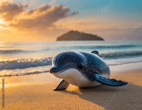 baleia golfinho bonito do bebê sentado na praia de areia ao pôr do sol photo