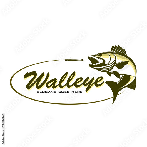 Walleye Fishing Logo, Unique and Fresh walleye fish jumping out of the water catching the lures. Great to use as your walleye fishing activity. 