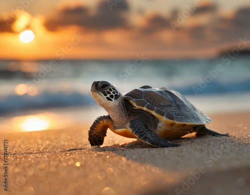 tartaruga bonito do bebê sentado na praia de areia ao pôr do sol