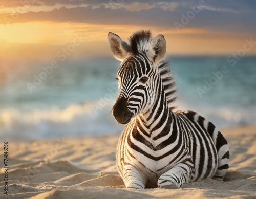 zebra bonito do bebê sentado na praia de areia ao pôr do sol photo