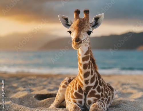 girafa bonito do bebê sentado na praia de areia ao pôr do sol photo