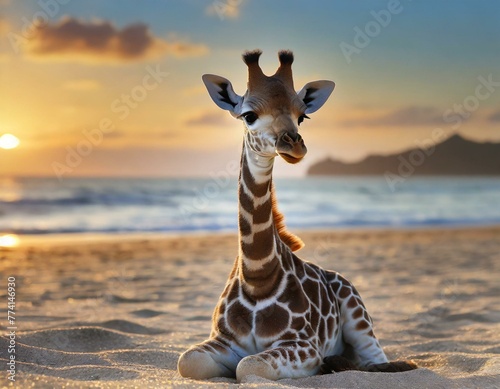 girafa bonito do bebê sentado na praia de areia ao pôr do sol photo