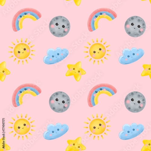 Seamless pattern Sun and moon rainbow star kids print textile children background