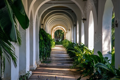 A serene corridor flanked by arches and tropical plants leading toward light.