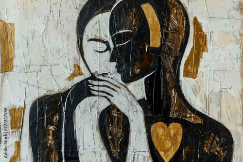 Una pintura abstracta de dos personas enamoradas, una sosteniendo a la otra con una mano en la cabeza, utilizando formas simples en blanco y negro con detalles en dorado sobre un fondo blanco.


 photo