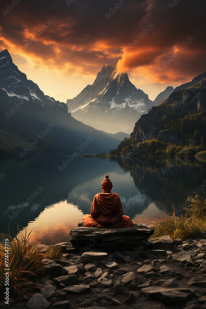 Serene scene capturing moment of meditation in picturesque secluded location.