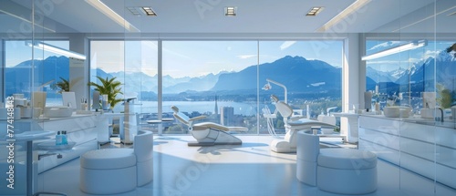 This dental office showcases a sleek, modern design with pristine equipment and offers breathtaking scenic views, ensuring a tranquil patient experience. photo