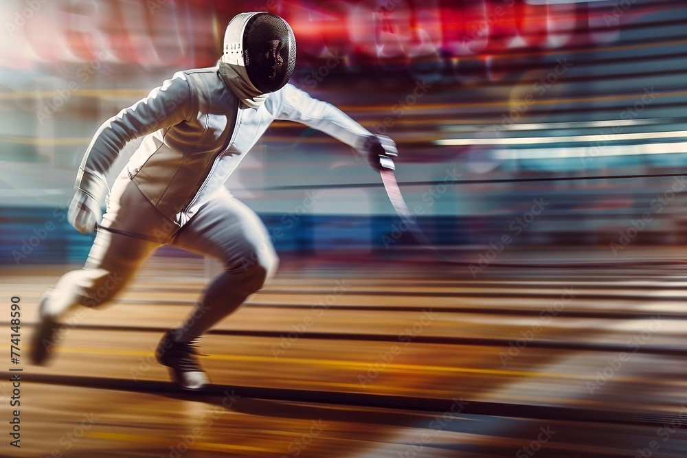 Fencer athlete runs fast to attack along the track in the sports complex during the championship. Motion blur effect. Fencer athlete runs fast to attack along the track in the sports complex during the championship. Motion blur effect.