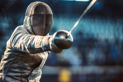 Close up portrait of a young man wearing fencing suit and mask with sword.