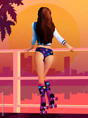 Sexy girl in short shorts on roller skates. 
Graceful girl, colorful hearts. Hot orange background. Sunset on the beach. Miami style. The big sun. Vector banner