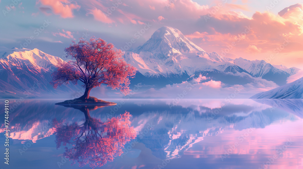 lone tree standing partially submerged in still waters. The reflection of the tree is visible on the water’s surface. In the background, snow-capped mountains rise majestically 