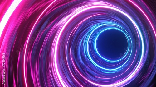 This is a 3D render of an abstract background with a vortex of pink the blue neon lines swirling around a black hole.