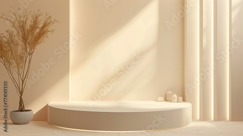 Render of a 3d scene with an abstract beige background and a podium for displaying products.