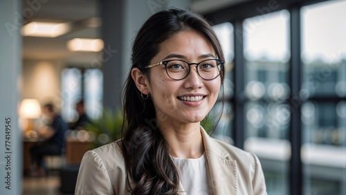 Portrait of a beautiful Asian businesswoman smiling and looking at the camera in the office