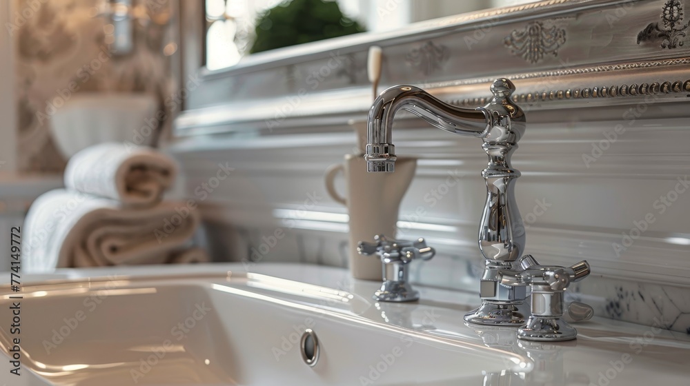 Close-up of a modern, high-quality sink faucet in a bathroom, showcasing inspired design ideas for a sleek, functional space Close-up of a modern, high-quality sink faucet in a bathroom, showcasing inspired design ideas for a sleek, functional space