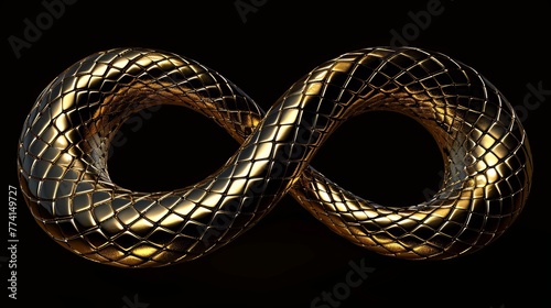 Infinity symbol twisted in 3D with shiny metallic dragon scales texture and golden snake isolated on black photo