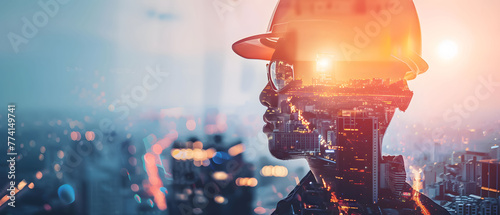 Civil engineer portrait, hardhat, double exposure cityscape background Skyscraper silhouettes, urban construction concept photo