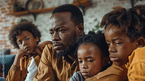 A black African father and his three children hug, the depression of a bad day is soothed by the family