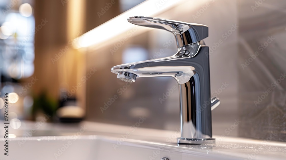 Close-up of a high-quality chrome monobloc tap in a modern bathroom, showcasing the sleek design and inspired functionality Close-up of a high-quality chrome monobloc tap in a modern bathroom, showcasing the sleek design and inspired functionality