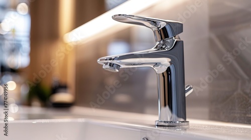 Close-up of a high-quality chrome monobloc tap in a modern bathroom  showcasing the sleek design and inspired functionality