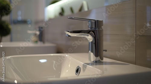 Close-up of a chrome tall basin mixer tap  exemplifying high quality and innovative design in a 3-hole sink setup  inspired luxury