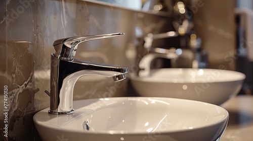Close-up of a chrome tall basin mixer tap, exemplifying high quality and innovative design in a 3-hole sink setup, inspired luxury photo