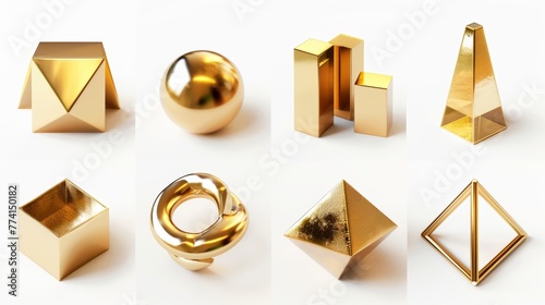 Icons set isolated on white background from different geometric golden shapes. 3D rendering. photo