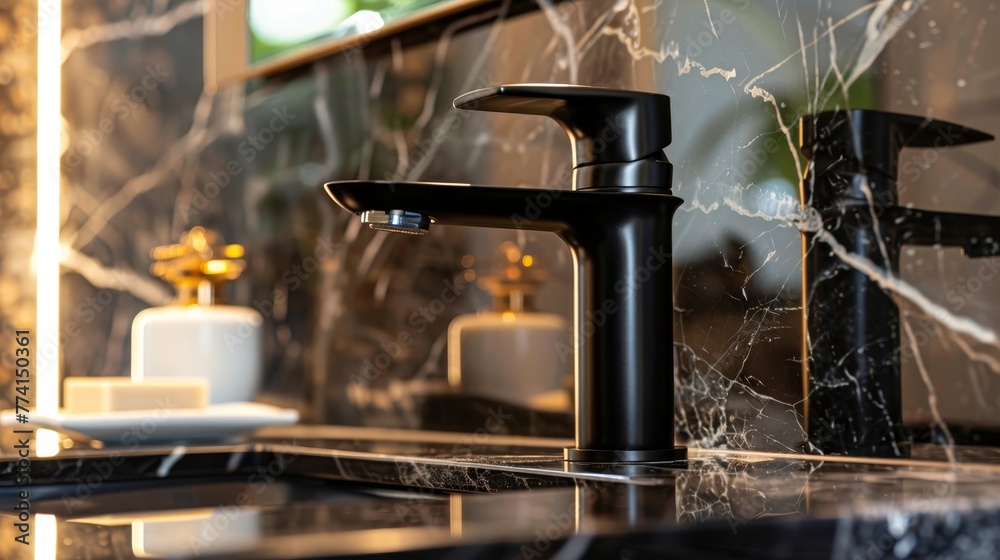 A close-up on a luxurious black tall basin mixer tap, highlighting its high-quality craftsmanship and the elegance it brings to bathrooms